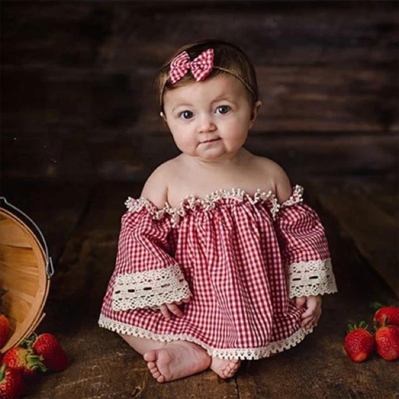 2Pcs Baby Plaid Dress Bowknot Headbands Photography Props Decoration Photo Props