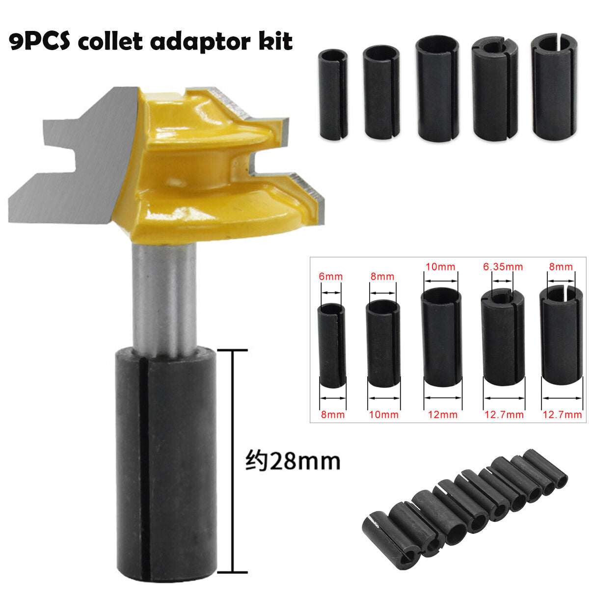 9PCS/Set Collet Adaptor Kit Shank Reducer Reducing Bit Router Tool 8mm to 6mm #