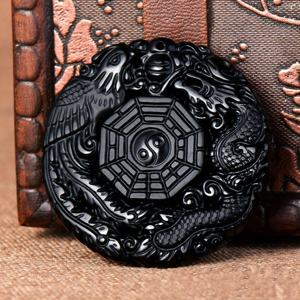 Reiki Handmade Lucky Pendant Obsidian Necklace Dragon Phoenix Carved BaGua