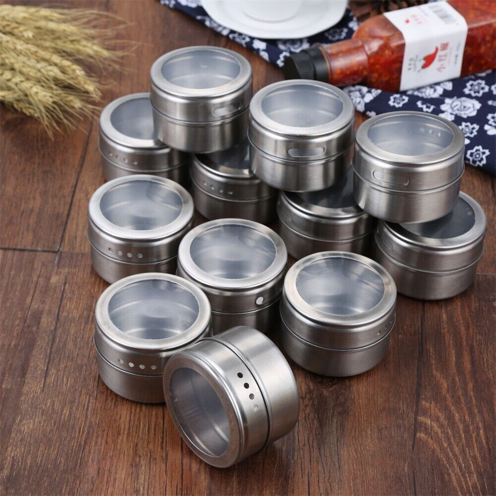 12Pcs/set Magnetic Spice Tins Stainless Storage Container Jars with Clear Lids