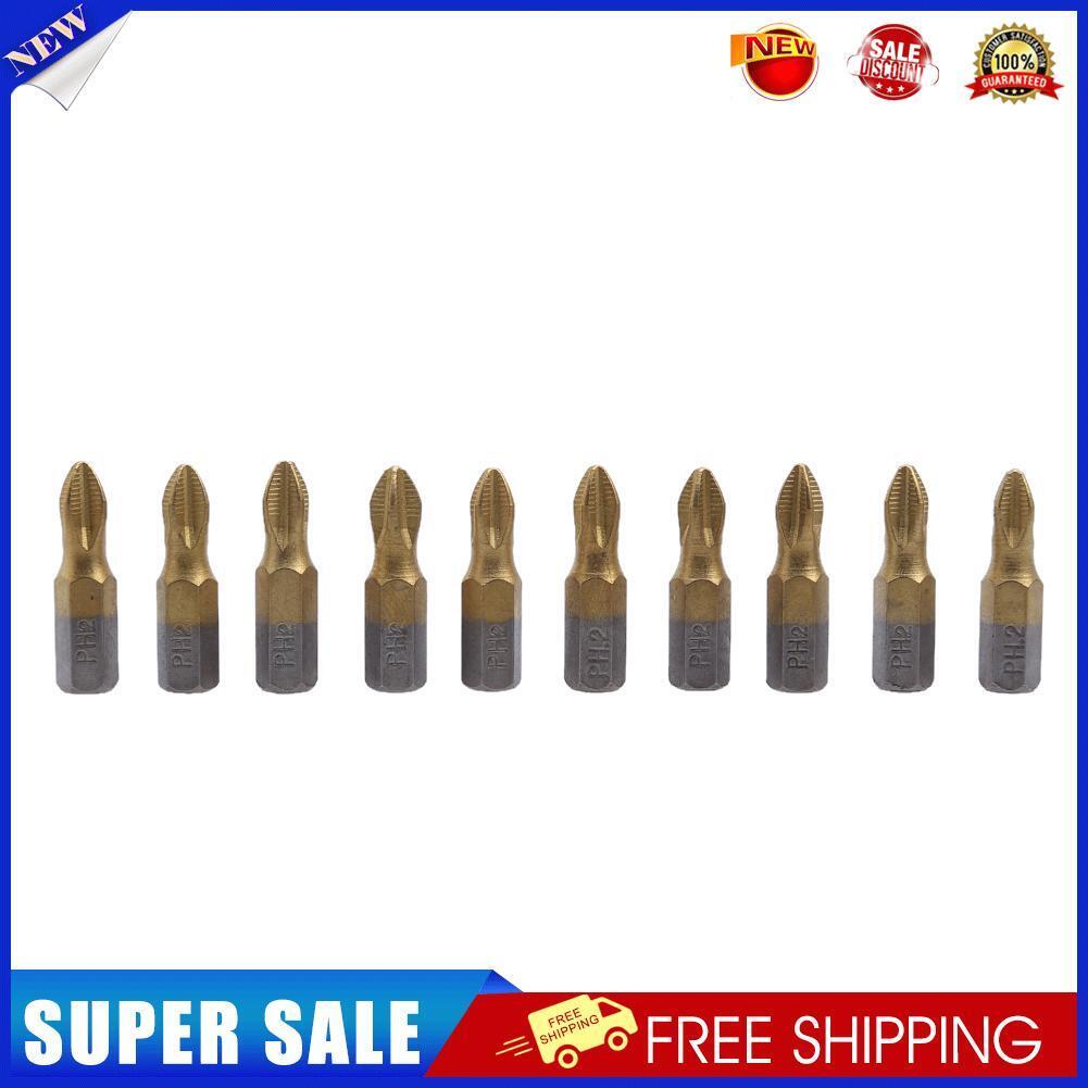 10pcs 1/4 PH2 Titanium Coated Cross Magnetic Screwdriver Bits 25mm Length