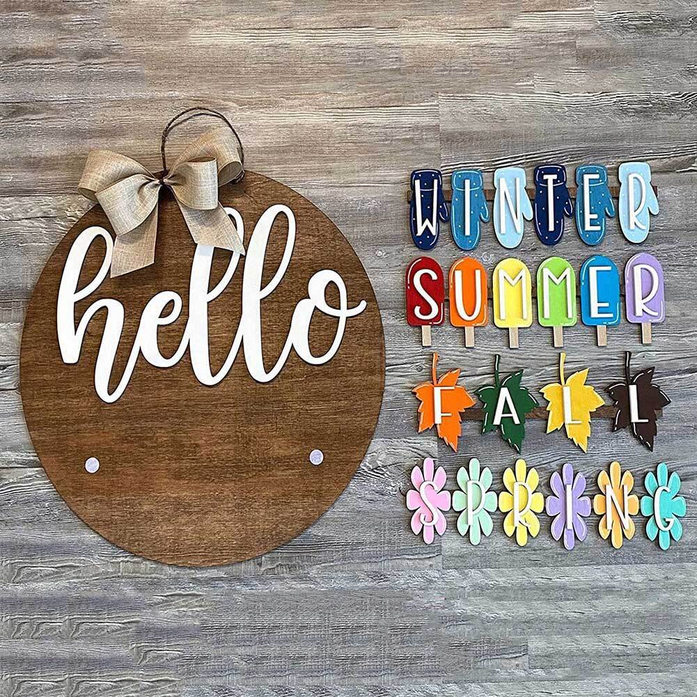 Seasonal Hello Sign Front Garland Doorplate Wooden Wall Hanging Decoration