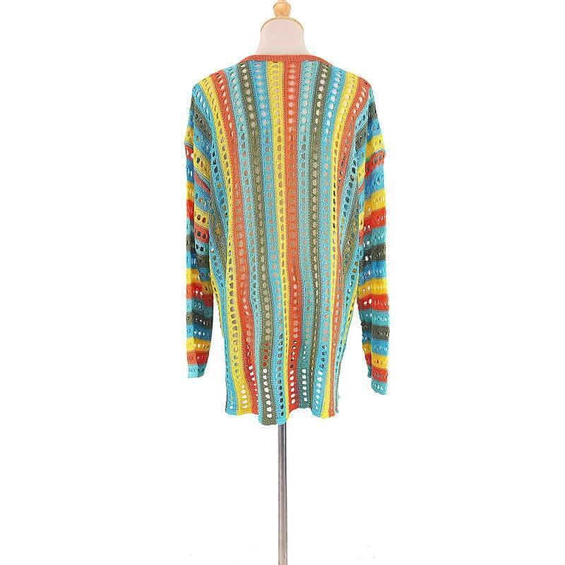 Women Beach Long Sleeve Bikini Cover Up Hollow Crochet Rainbow Stripe Mini Dress