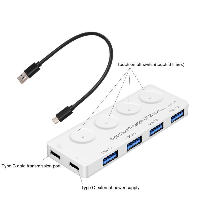 USB 3.0 Data Hub with Individual Touch On/Off Switches and LED Light for Laptop