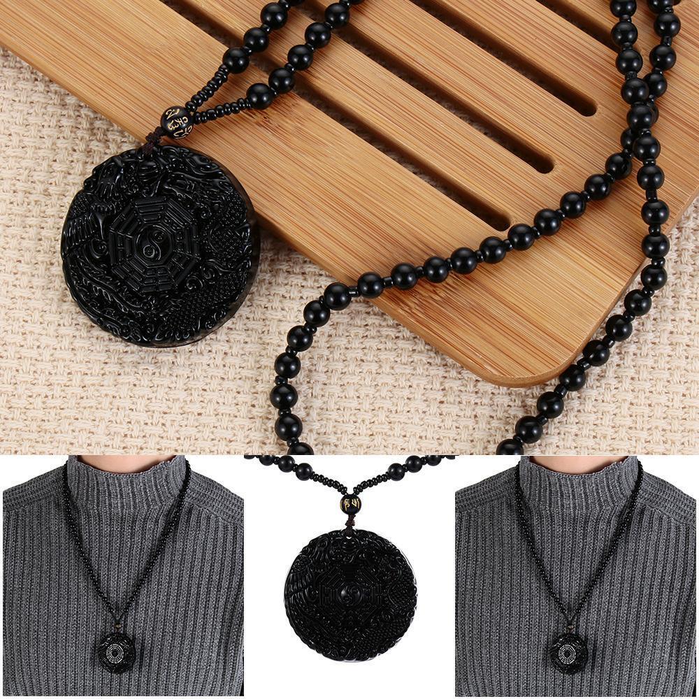 Reiki Handmade Lucky Pendant Obsidian Necklace Dragon Phoenix Carved BaGua