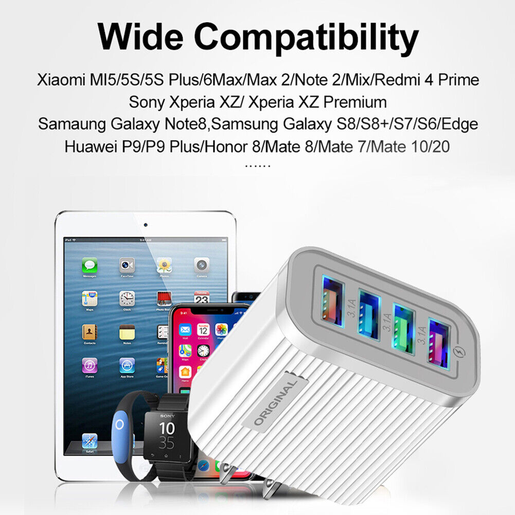 4 USB Mobile Phone Charger 3.1A EU/US Plug Wall Charging Head (White US)