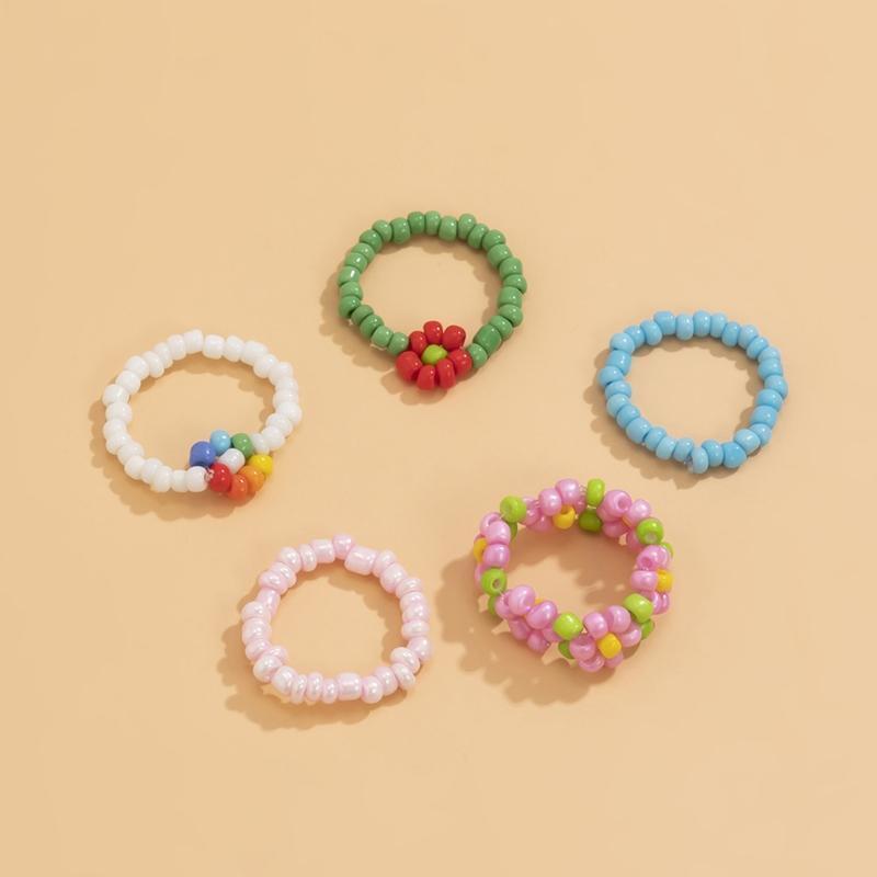 5PCS/Set Boho Beach Rings Colorful Jewelry Ring Rice Bead Ring Flower Ring Girl