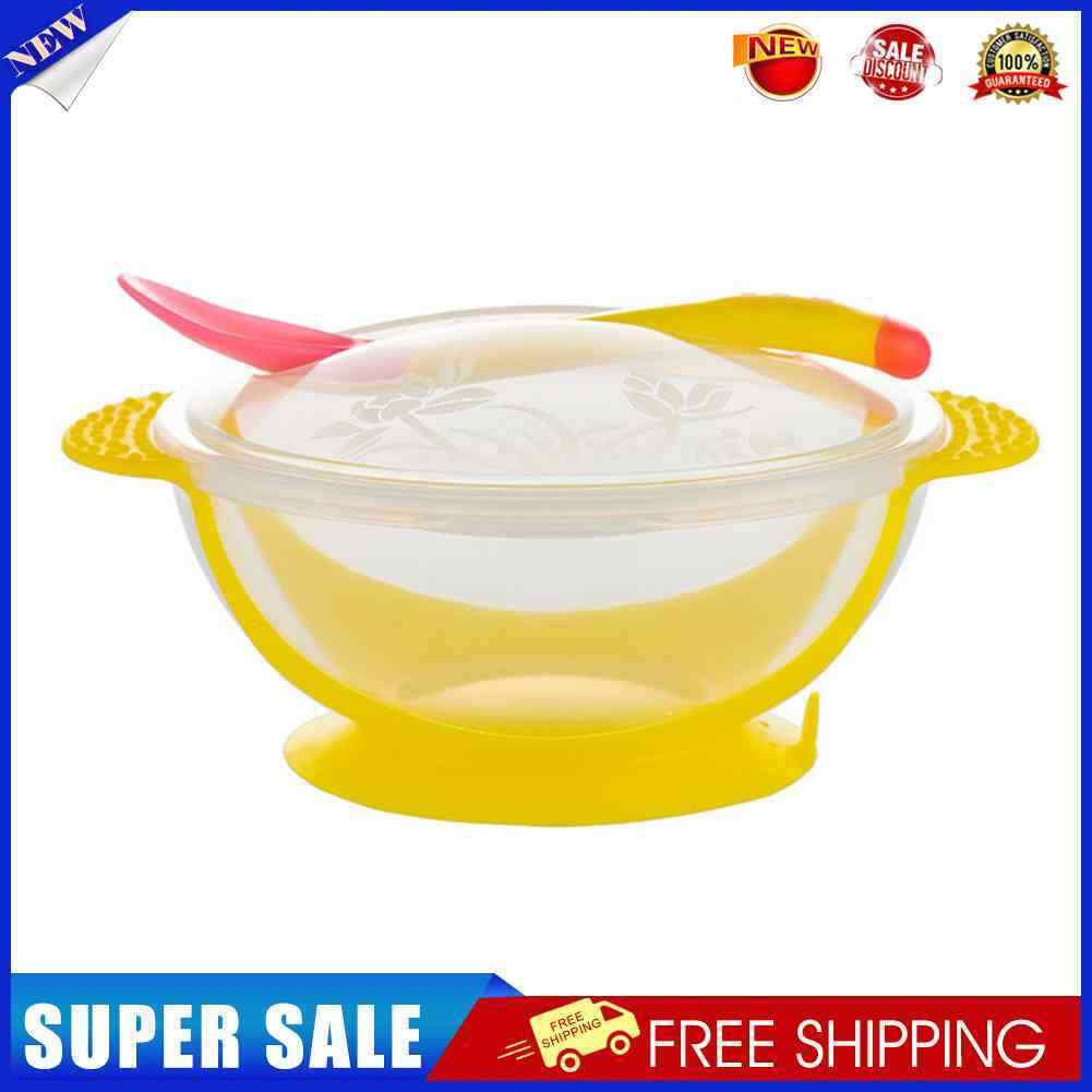 Temperature Sensing Baby Suction Cup Bowl Training Bowl Spoon Set (Yellow)