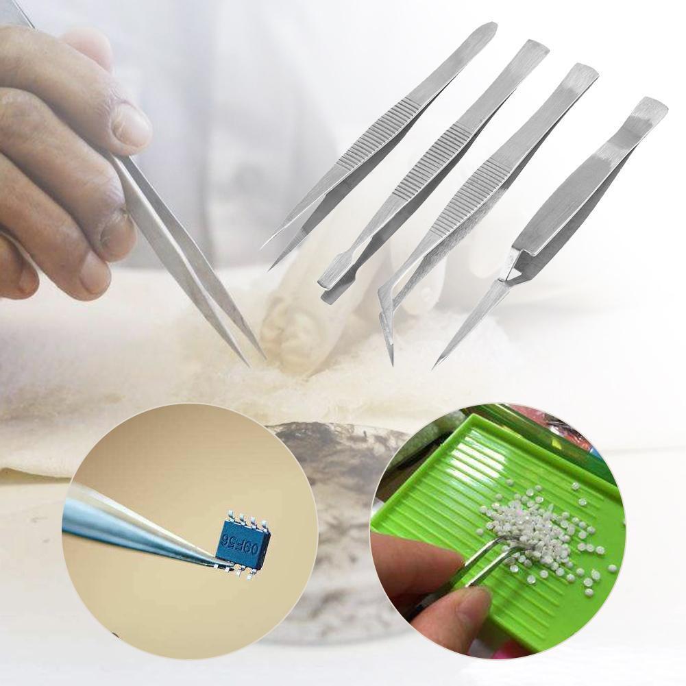4pcs Stainless Steel Tweezers Pointed Elbow Flat Cross for Craft Kraft
