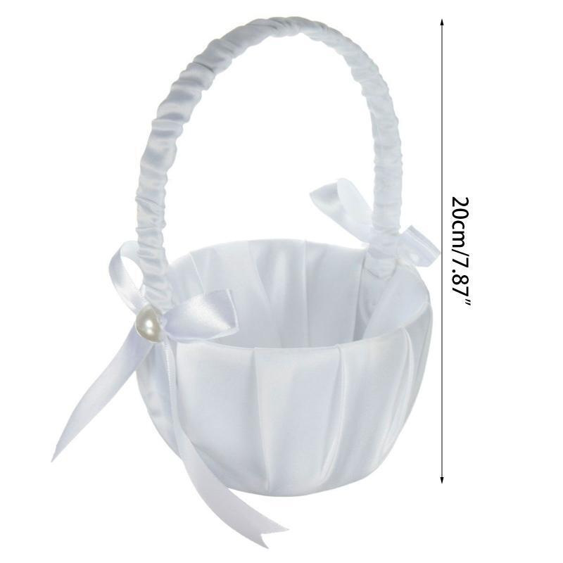 White Flower Girl Basket Bowknot Satin Cloth Baskets for Wedding Ceremony Party