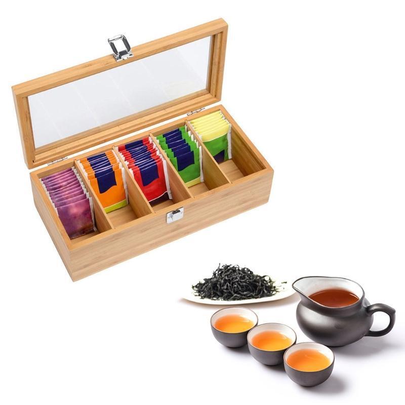 Multi-purpose Tea Box Organizer with 5 Deep Compartments for Tea Bags