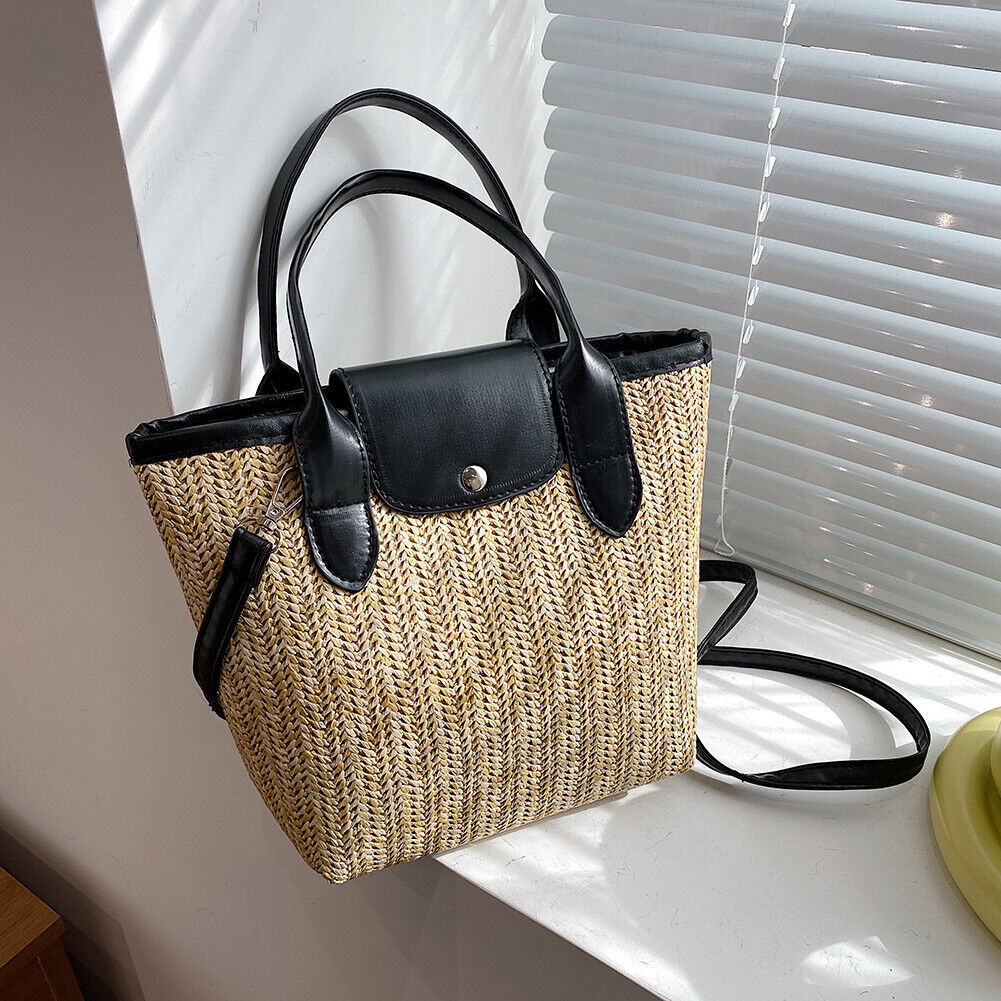 Straw Beach Bag Woven Shoulder Messenger Bag Women Handbag Totes (Black)