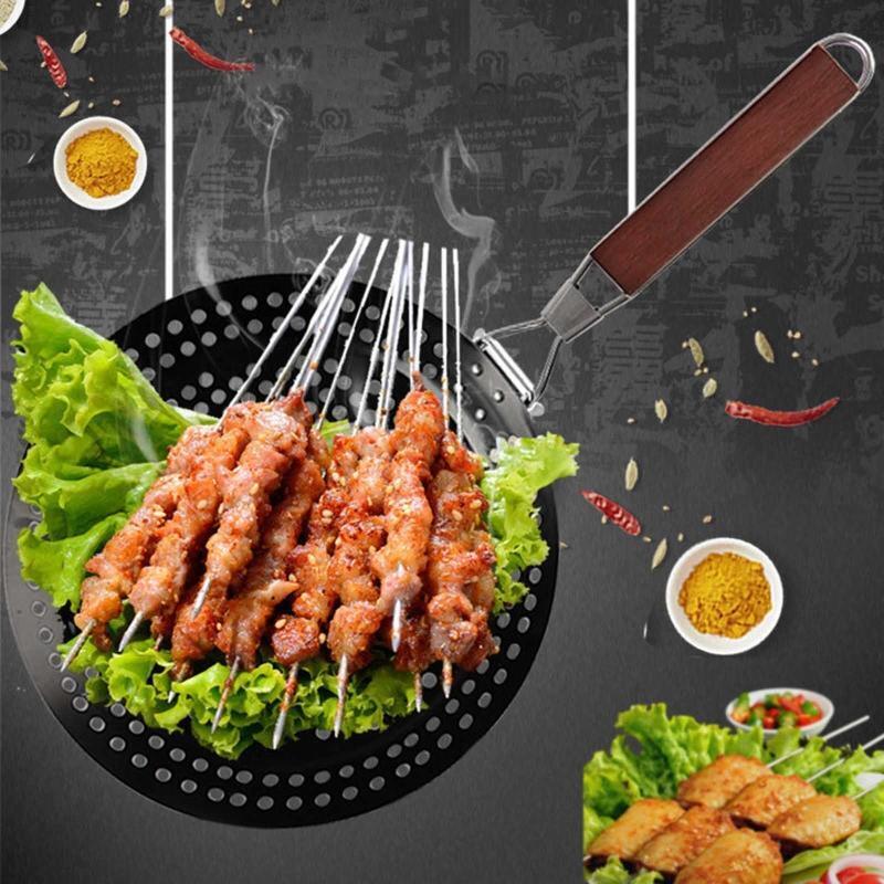 Round Grilling Basket with Wooden Handle Foldable Non-Stick Grill Skillet Pan
