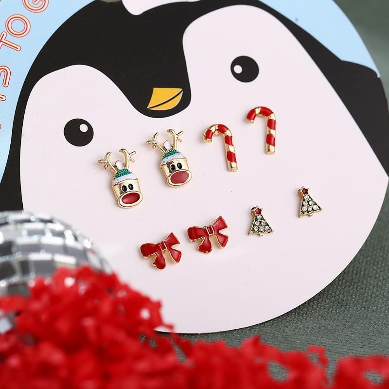 Christmas Stud Earrings Set Christmas Deer Head Christmas Tree Bow Cane Studs