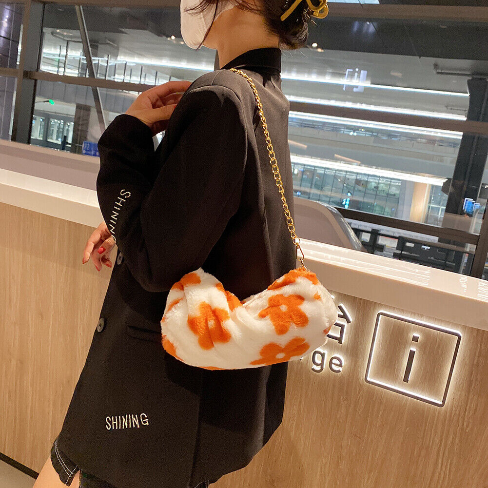 Cute Flower Cylinder Shoulder Bag Women Winter Chain Plush Purse (Orange)