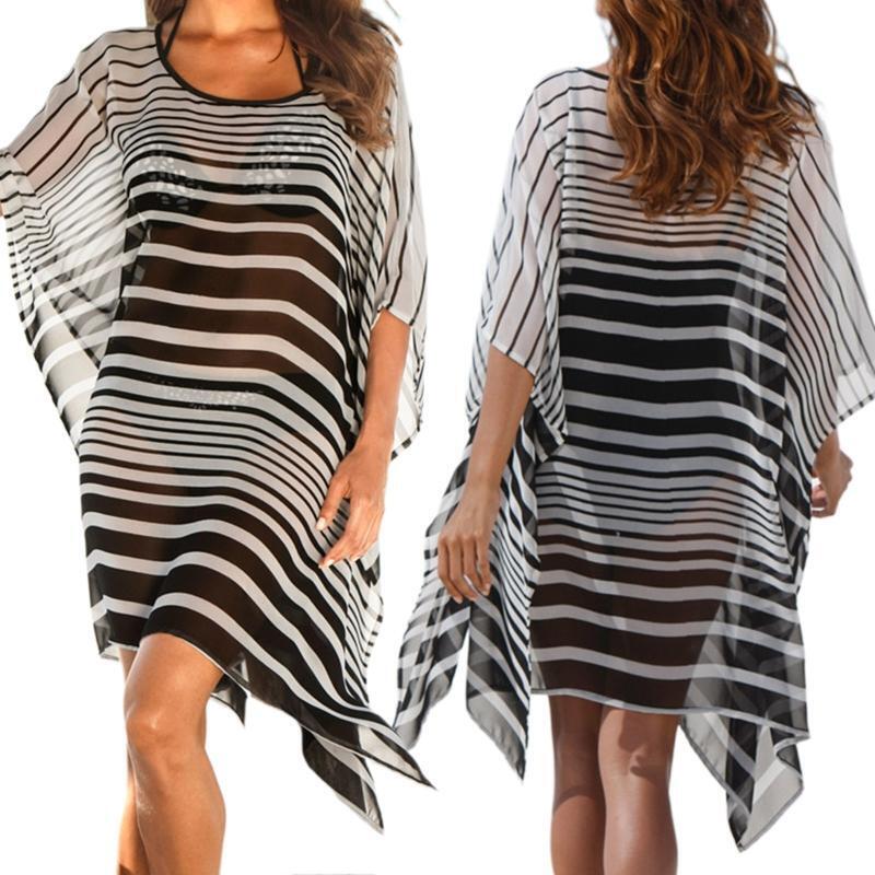 Women Strips Print Bikini Cover Up Batwing Sleeve Suit Coverup Beach Long Dress