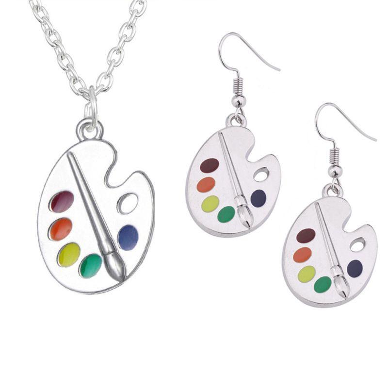 Creative Paint Brush Colorful Palette Necklace Earrings Set for Street Shooting