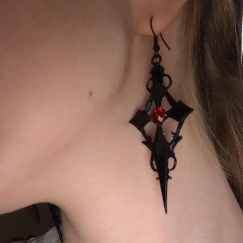 Halloween Steampunk Black Cross Metal Red Rhinestone Ear Pendant Jewelry Gifts