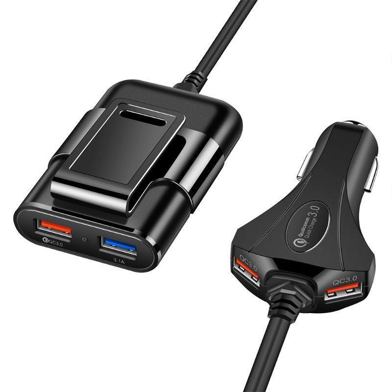 QC3.0 4 Ports USB Car Charger For Front Back Seat With Extension Cable For Phone