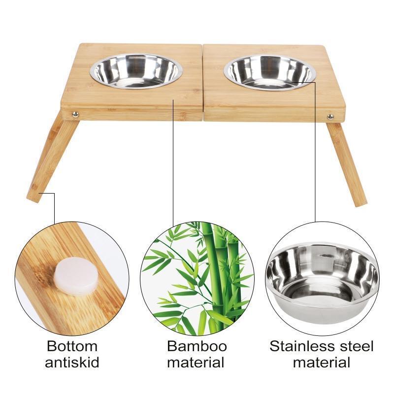 Elevated Dog Bowls Bamboo Feeder Dog Dishes with 2 Stainless Steel Bowls Durable
