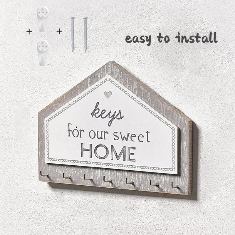 Wooden Key Holder Wall with 7 Hooks Organizer Wall Plaque Distressed Decorations