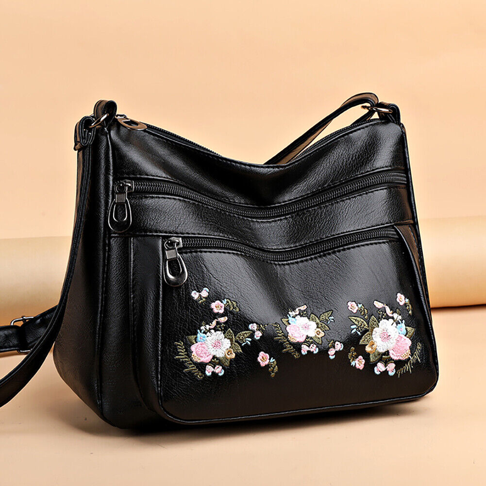 Women Embroidery Flower Crossbody Bag Zipper Multi-layer Bag (Black)