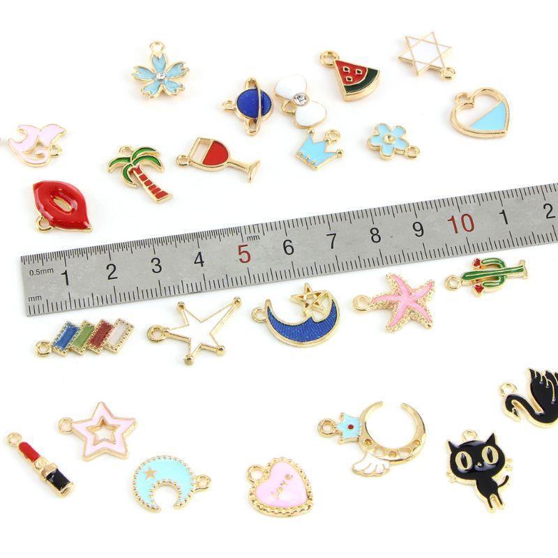 30Pcs Mixed Enamel Charms Collection Swan Moon Star Cat Pendant Jewelry Making