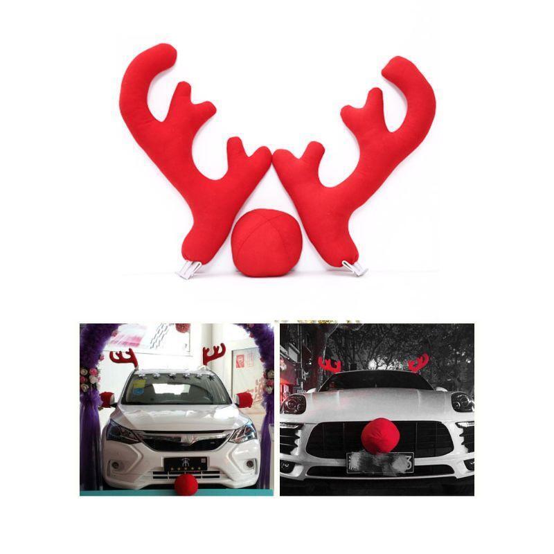 Cute Rudolph Car Costume Christmas Reindeer Antlers Red Nose for Truck SUV Decor