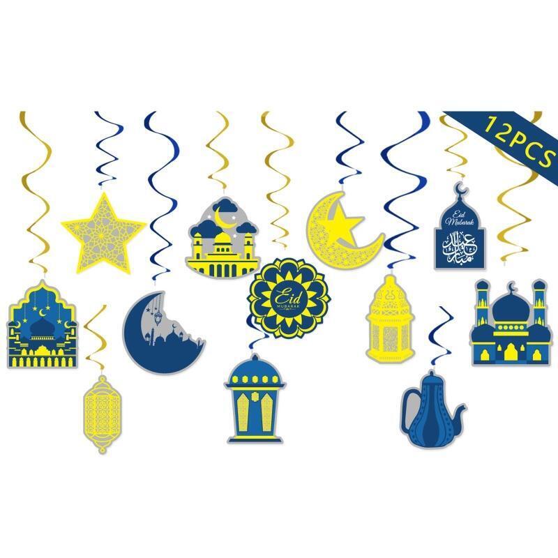Eid Mubarak Hanging Swirl Pendants Set of 12 Moon Star House Spiral