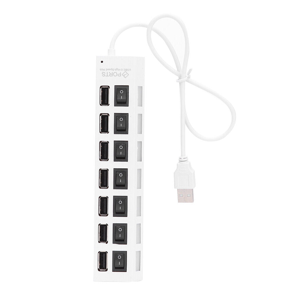 7 Ports High Speed USB 2.0 Hub Splitter w/ON/OFF Switch for Laptop (White)