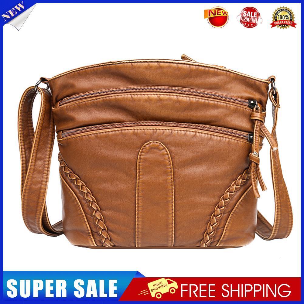 Washable Soft PU Messenger Bag Women Multi Pocket Shoulder Pouch (Brown)