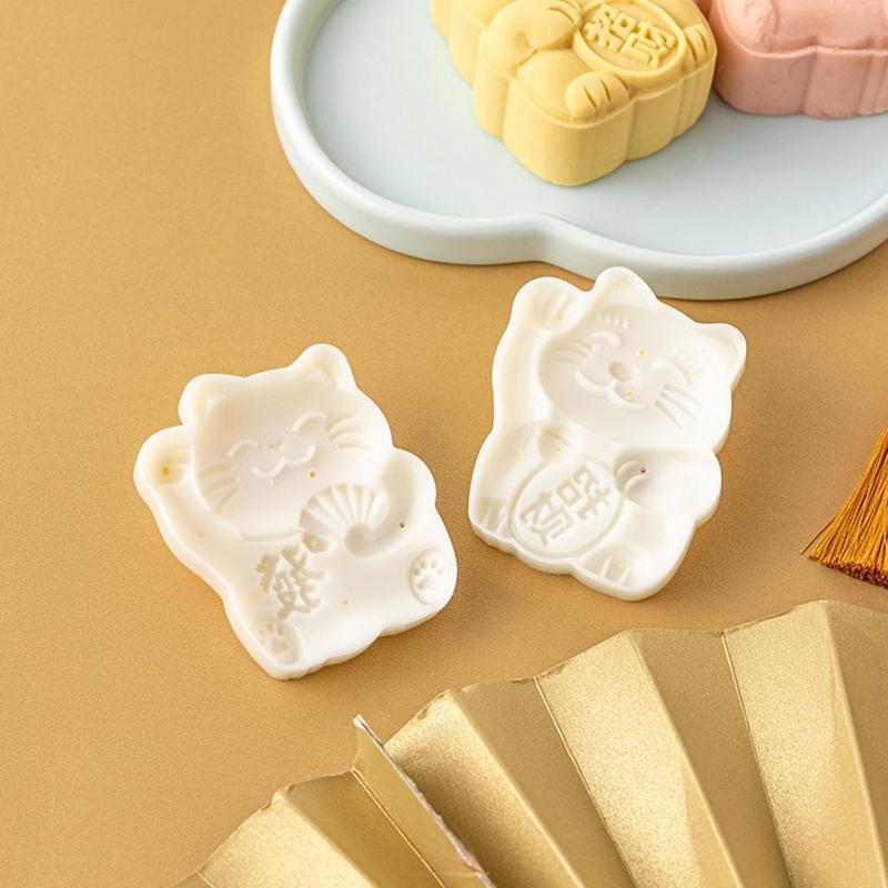 Plastic Mooncake Stamps Lucky Cat Shape Mooncake Mold Festival DIY Hand Press