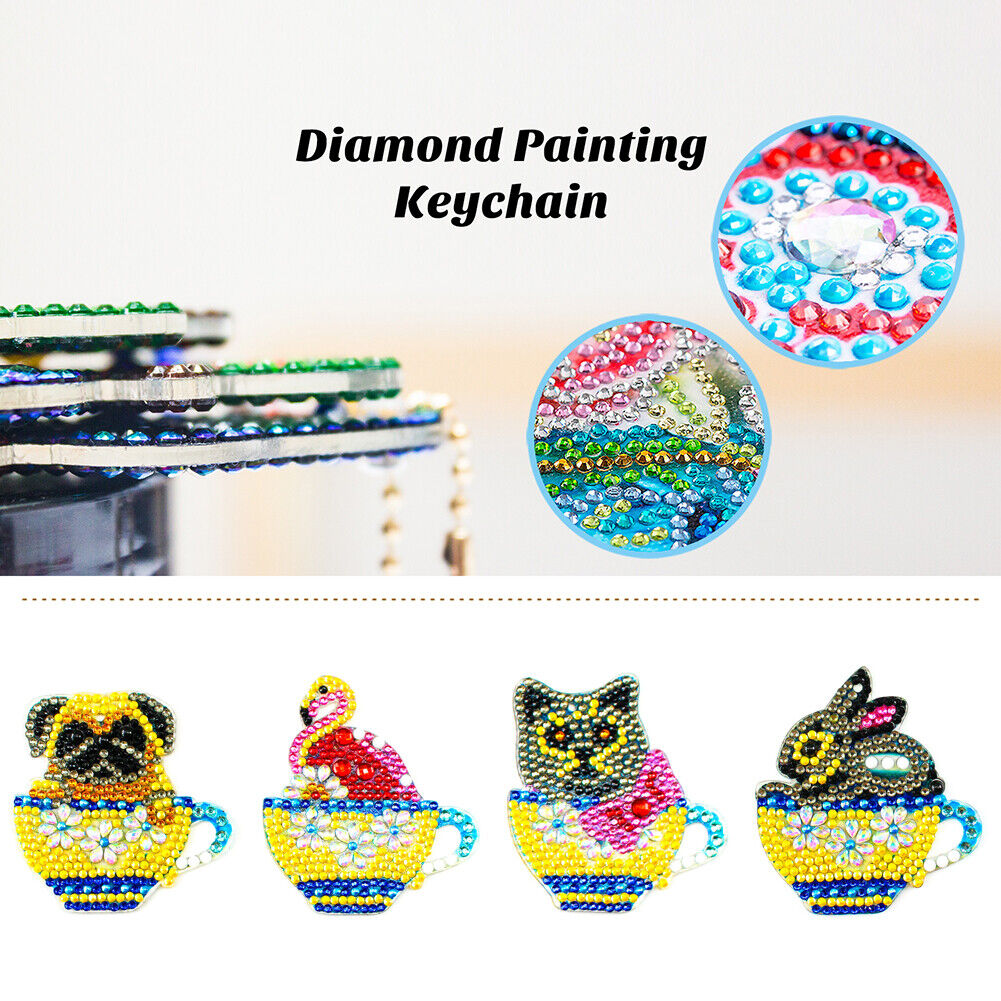 4x DIY Diamond Painting Keychains Cup Animal Embroidery Needlework Keyrings