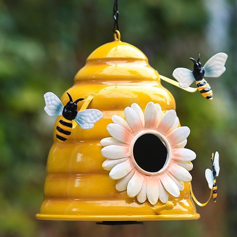 Metal Bird House Durable Garden Decoration Bee and Flowers Decorative Birdhouse