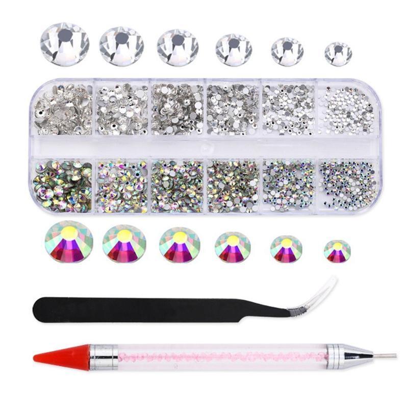 12 Grids Flatback Nail Art Decorations with Dual-ended Dotting Pen Tweezers Set