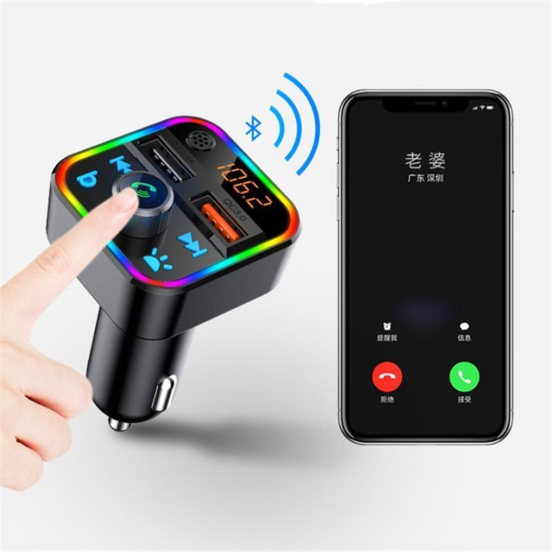 Bluetooth-compatible 5.0 FM Transmitter Car Kit QC3.0 Quick Charge RGB Light