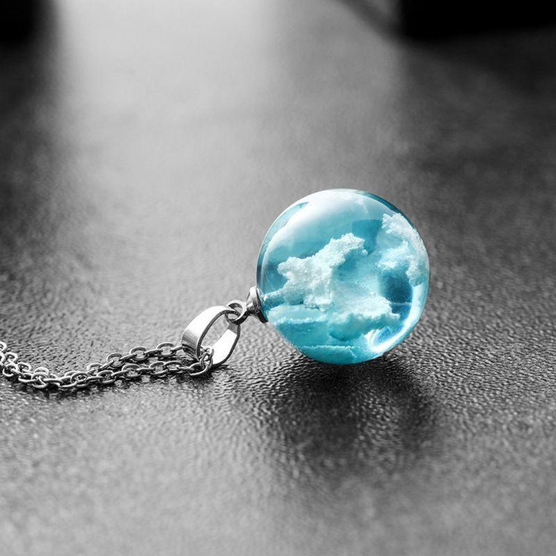 White Cloud Blue Sky Necklace Jewelry Decor Luminous Glass Ball Pendant Necklace