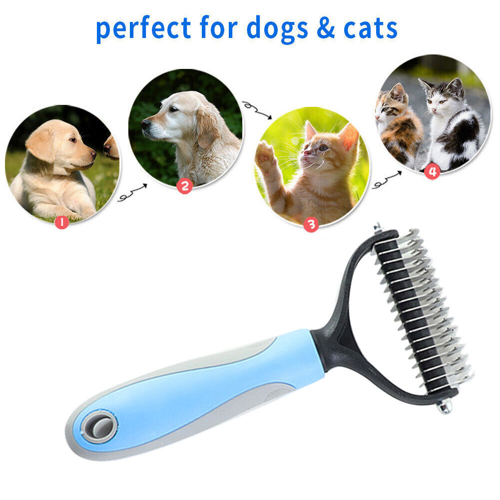 Hair Removal Comb for Dogs Cat Double-sided Dematting Pet Brush (Blue L)