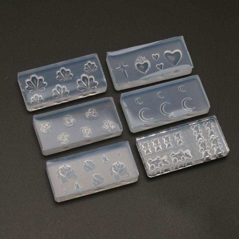 6Pcs  Moon Cross Flower Bear Nail Art Silicone Mold Nail Carving Templates Tools