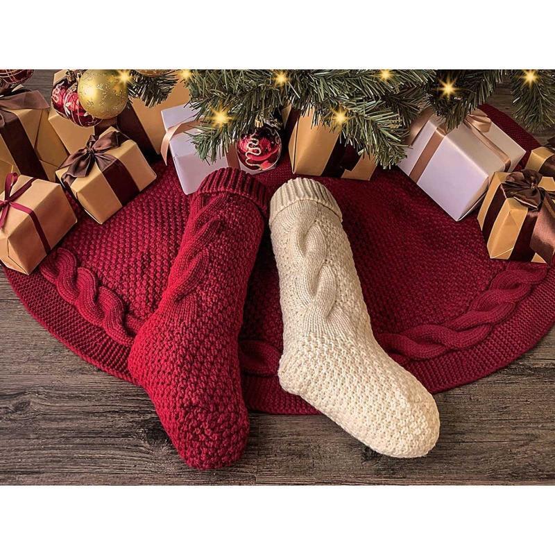 Christmas Tree Skirt Burgundy Red Thick Knitted Mat Xmas Tree Base Cover 48 Inch