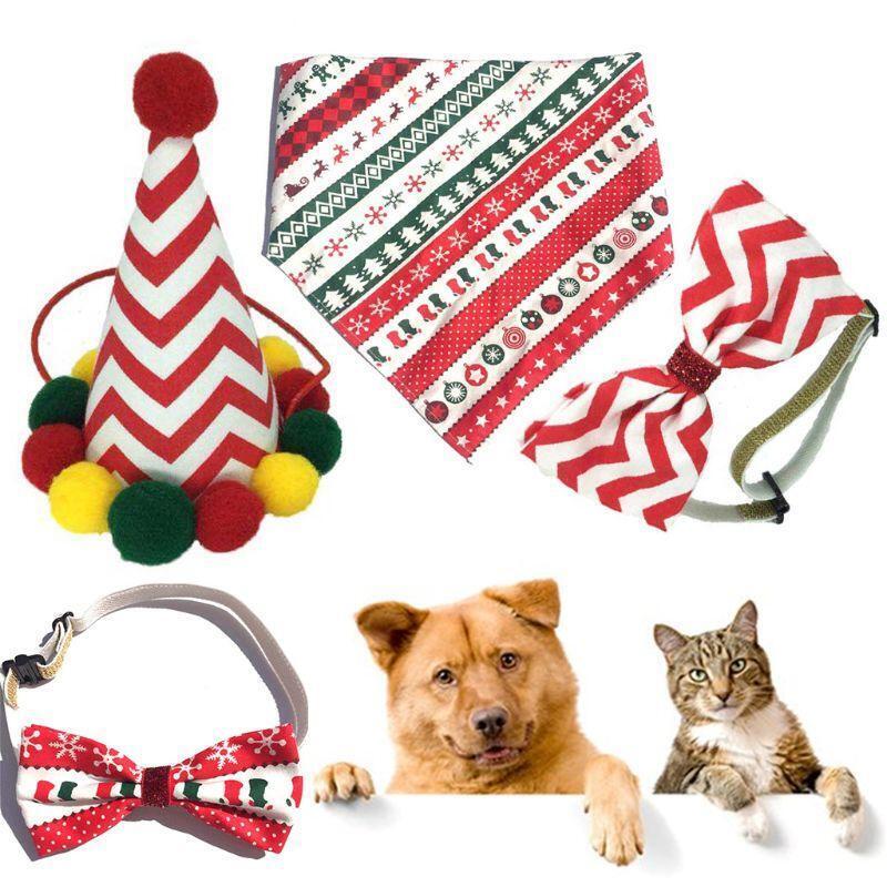 4Pcs Christmas Dog Hat Bowtie Saliva Towel Set Pet Puppy Party Holiday Costume