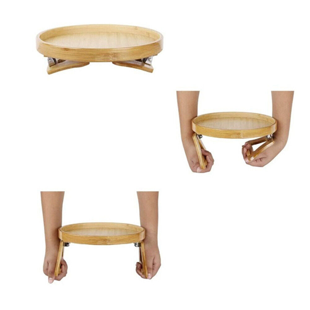 Round Bamboo Wood Tray Foldable Portable Sofa Armrest Breakfast Tea Table