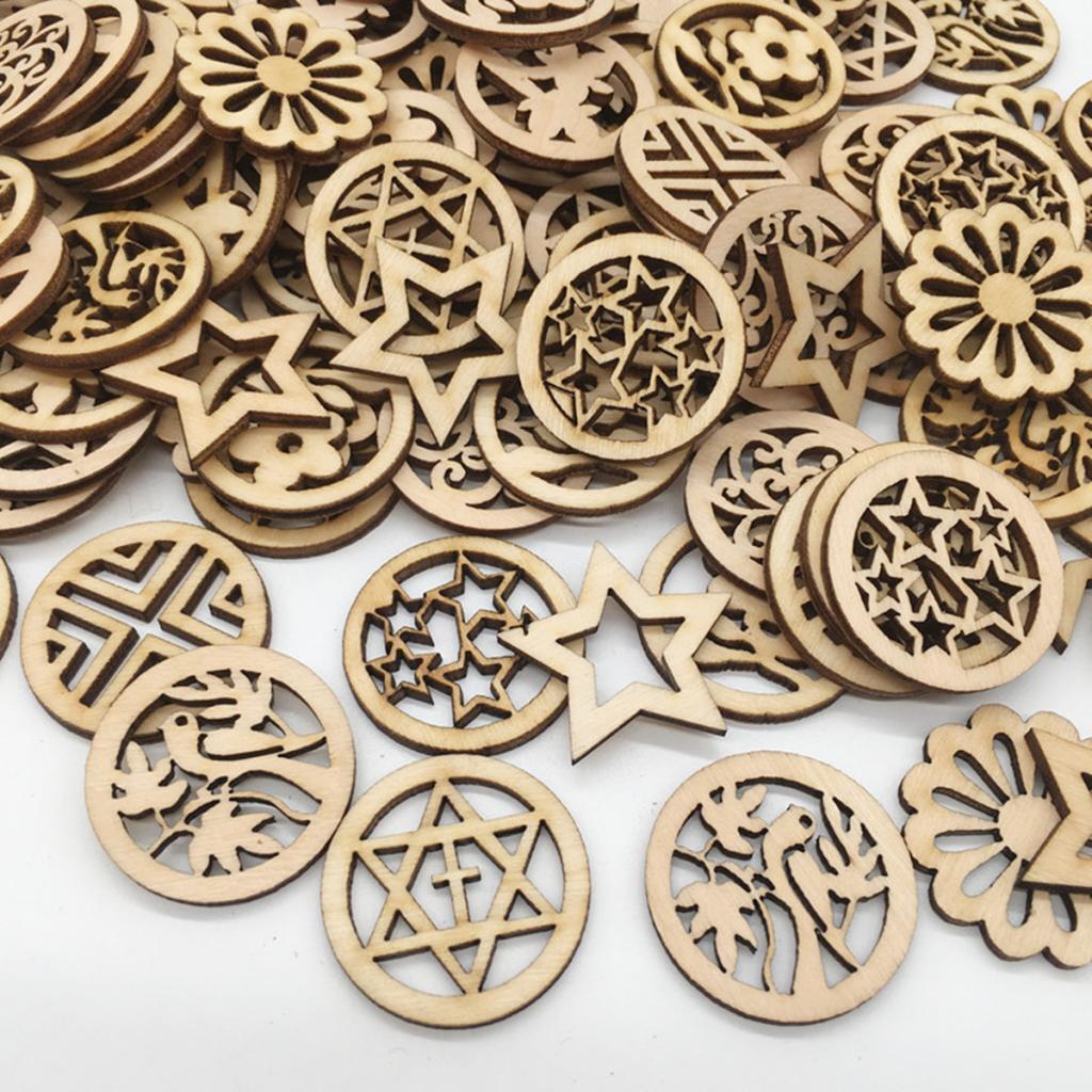 100pcs Mixed Hollow Round Unfinished Wood Pieces Embellishments Arts Crafts