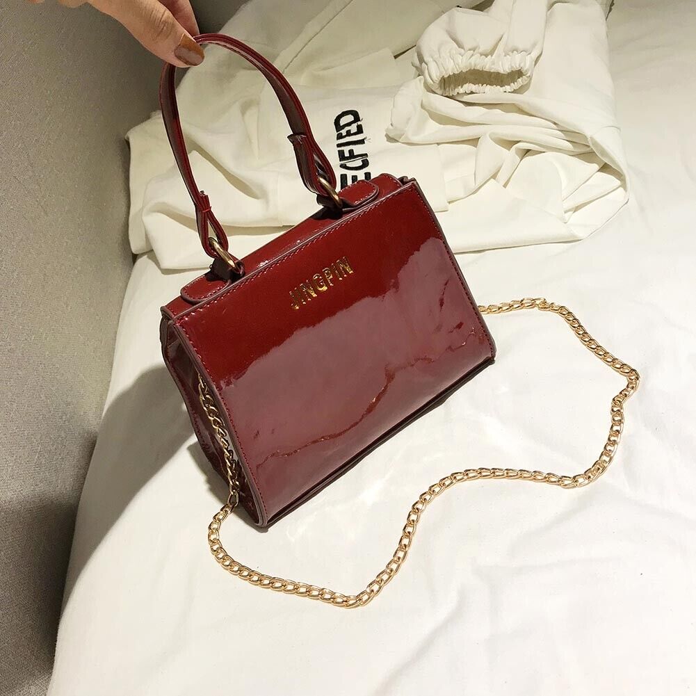 Fashion Women Crossbody Bag Patent Handbag Chain Shoulder Bags Gift (Red)-2
