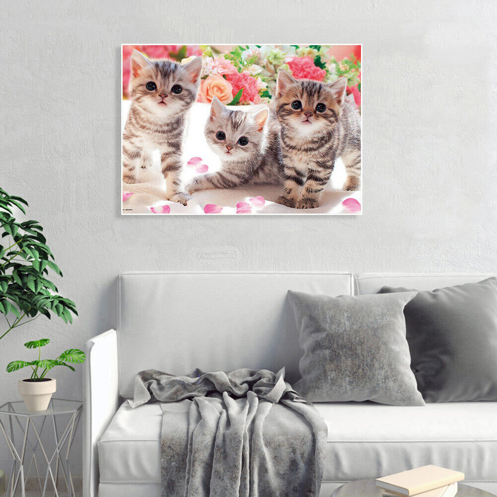 5D DIY Diamond Painting Full Drill Three Kittens Embroidery Animal Mosaic