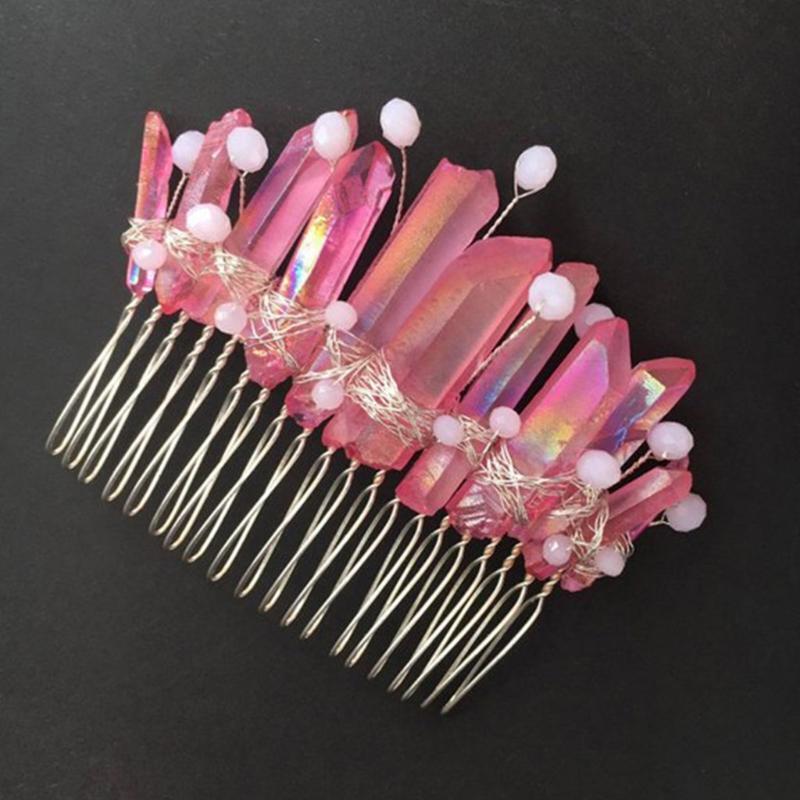 Handmade Natural Stone Bridal Hair Comb Pink AB Quartz Crystal Tiara Headpiece
