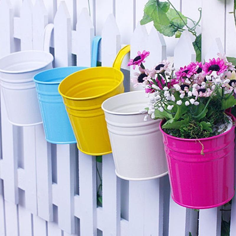 Iron Bucket Flower Pot with Hanging Hook Handle Small Garden Plant Vase Balcony
