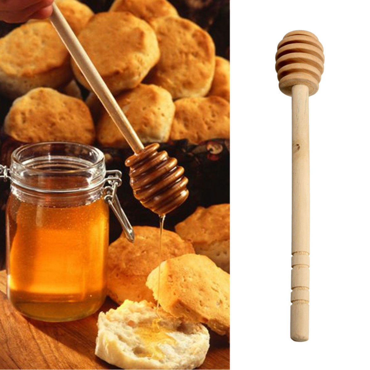 6" Long Wood Honey Dipper - Wooden Honny Pot Stick Spoon  Drizzler Server