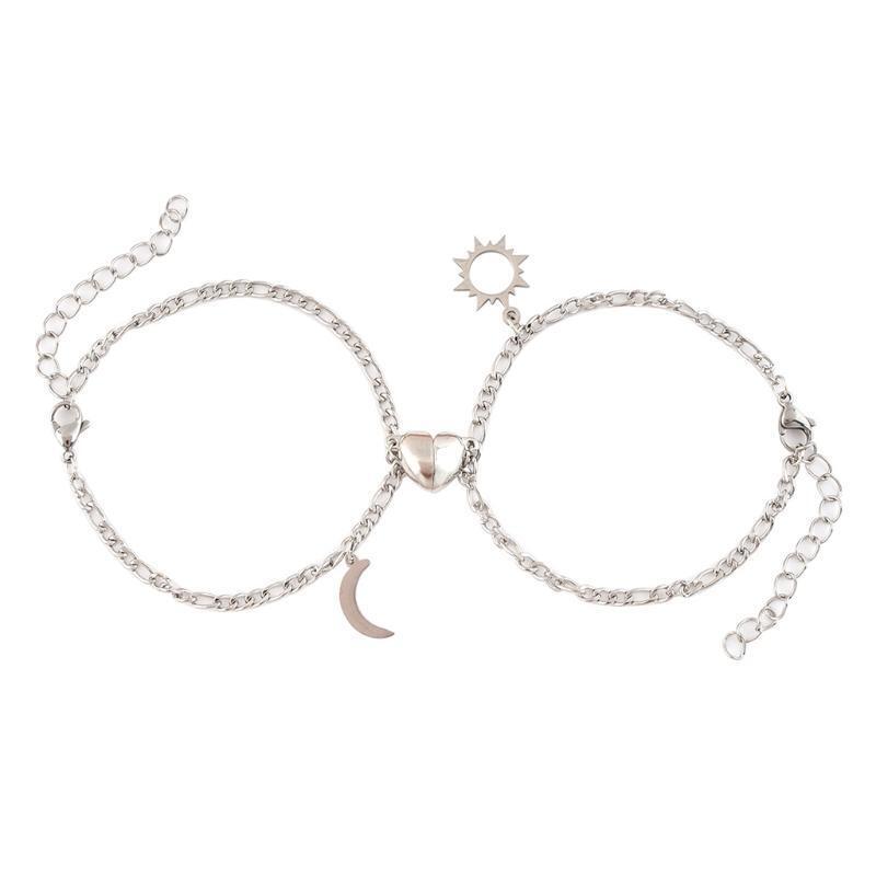 2x Heart-Shaped Chain Bracelets Sun Moon Magnetic Couple Bracelets for Women