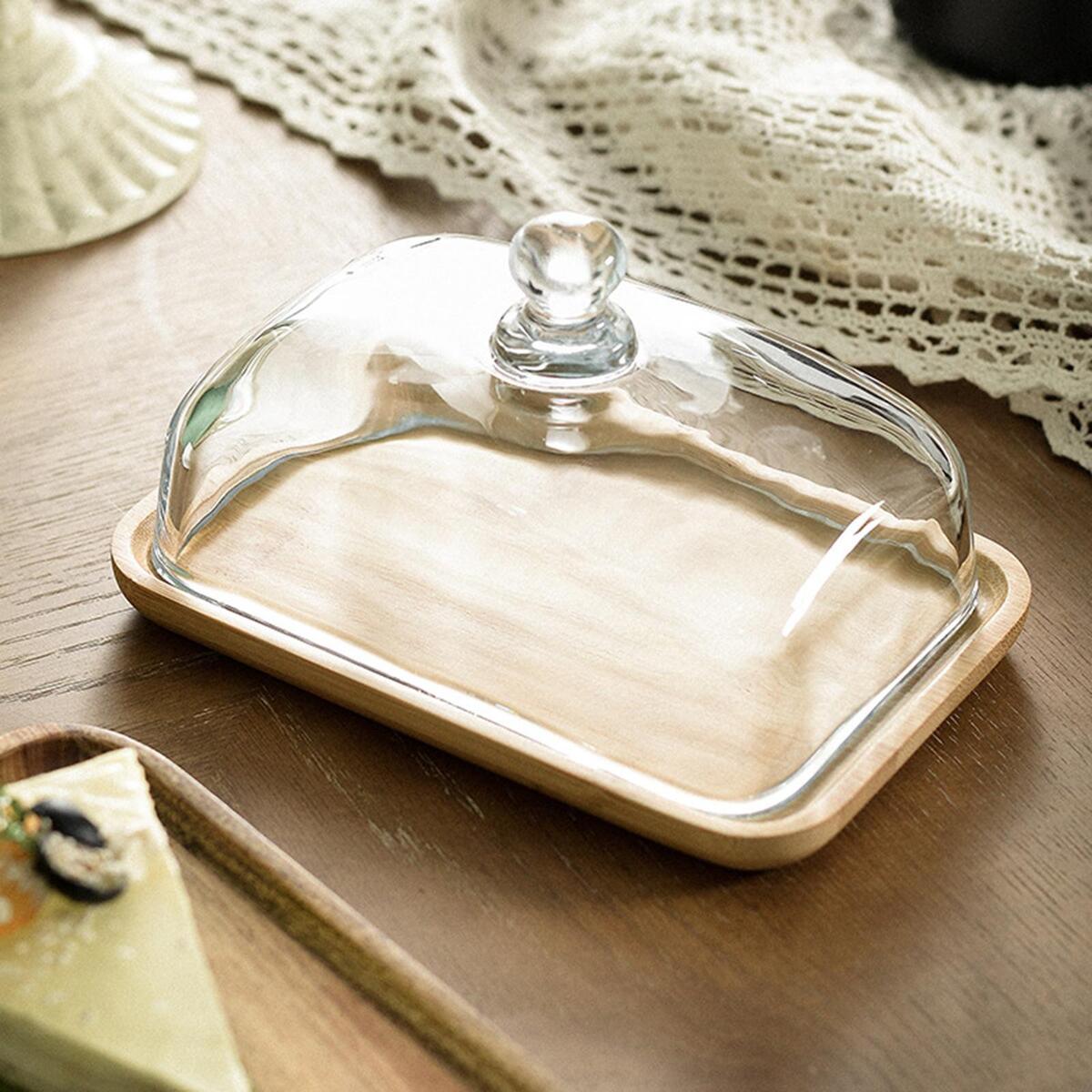 Cake Stand with Glass Cover Cheese Board Platter Wood Serving Tray for Food